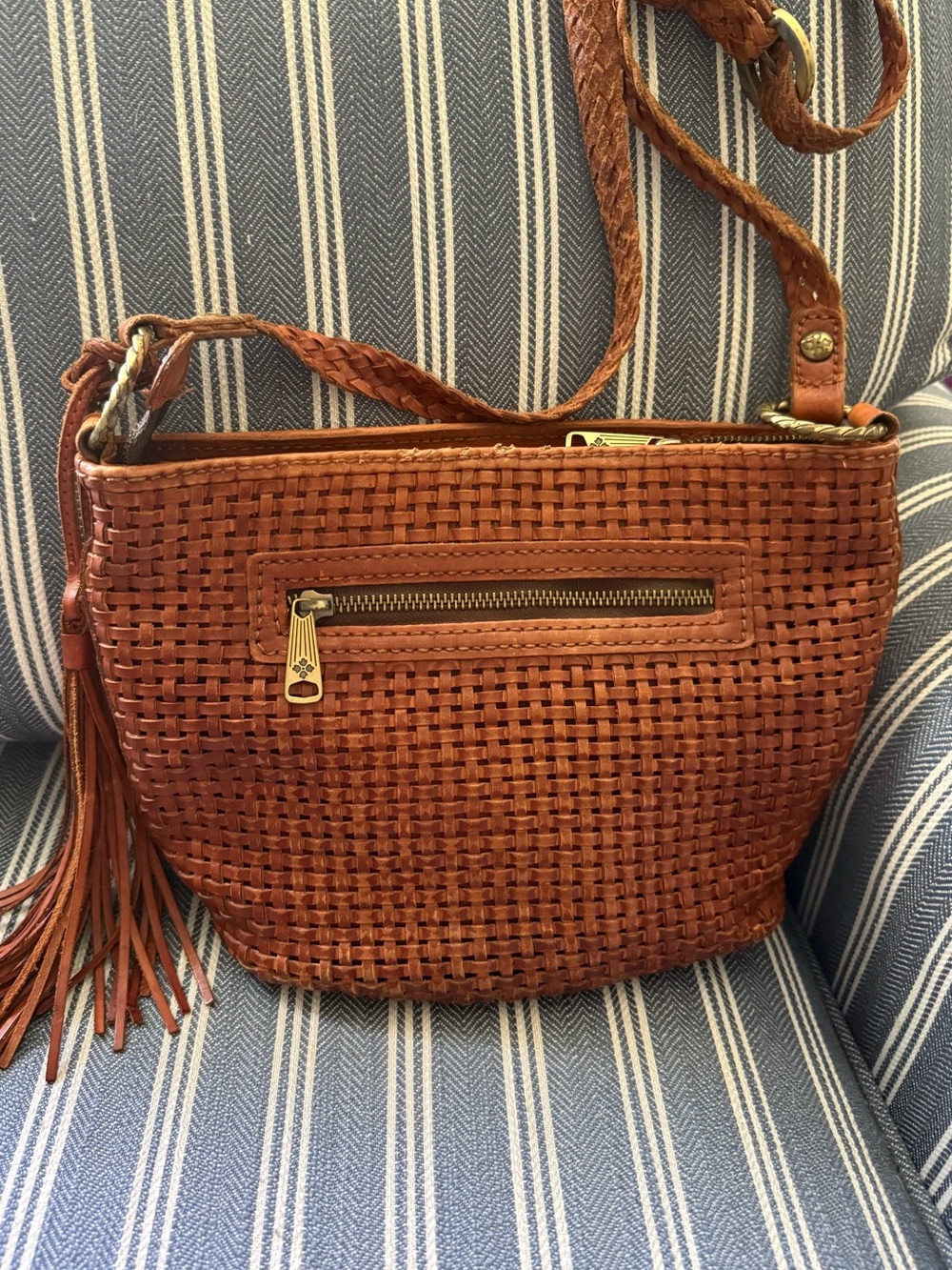 Patricia Nash Banyoles Cognac Leather Woven Crossbody